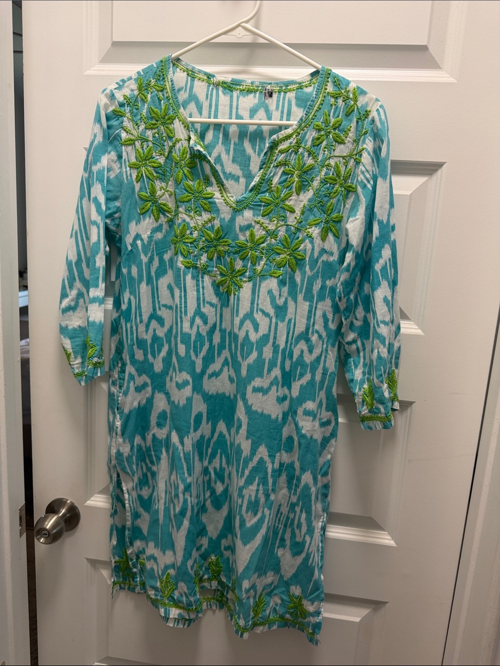 Gretchen Scott Turquoise & White Floral Embroidered Swim Tunic Dress- S/M